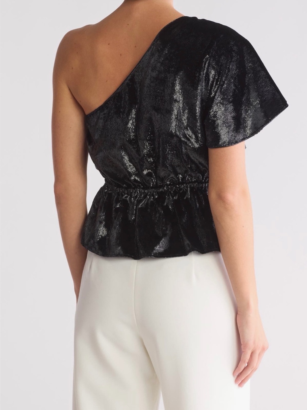 7 For All Mankind One-Shoulder Black Velvet Peplum Top